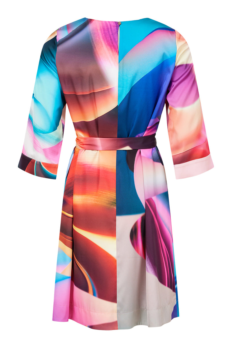 Multi Print V Neck Dress - Pink