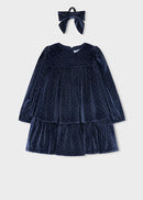 Velvet Dress With Hair Tie - Navy