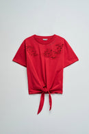 Tie Hem Crop T-Shirt - Red