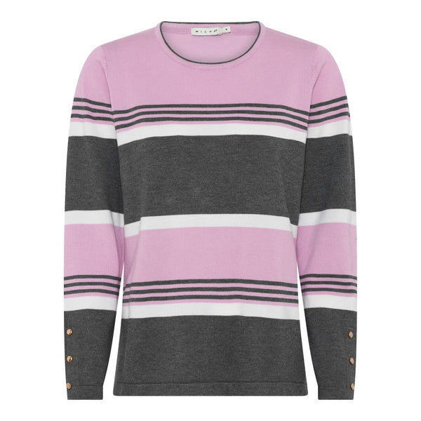 Multi Stripe Round Reck Jumper - Rose/grey