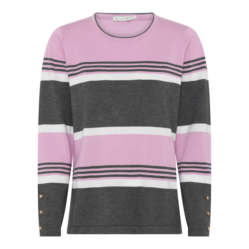 Multi Stripe Round Reck Jumper - Rose/grey
