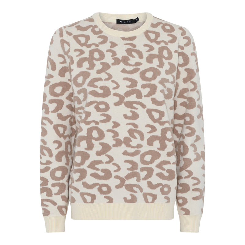 Animal Print Round Neck Jumper - Offwhite/camel