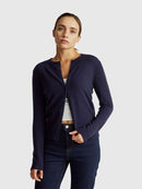 Tricot Cotton Round Neck Cardigan - Navy