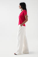 Glitter Detail Linen V Neck T-Shirt - Pink