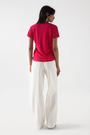 Glitter Detail Linen V Neck T-Shirt - Pink