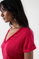 Glitter Detail Linen V Neck T-Shirt - Pink