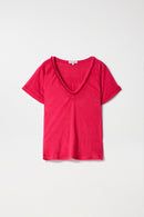 Glitter Detail Linen V Neck T-Shirt - Pink
