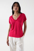 Glitter Detail Linen V Neck T-Shirt - Pink