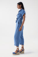 Cropped Denim Jumpsuit - Blue