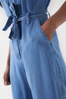 Cropped Denim Jumpsuit - Blue