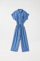 Cropped Denim Jumpsuit - Blue