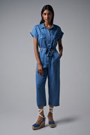 Cropped Denim Jumpsuit - Blue