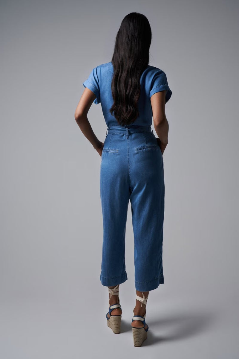 Cropped Denim Jumpsuit - Blue