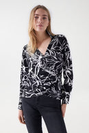 Floral Print Wrap Blouse - Black