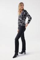Floral Print Wrap Blouse - Black
