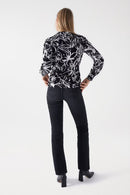 Floral Print Wrap Blouse - Black