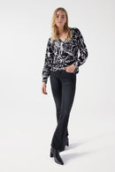 Floral Print Wrap Blouse - Black