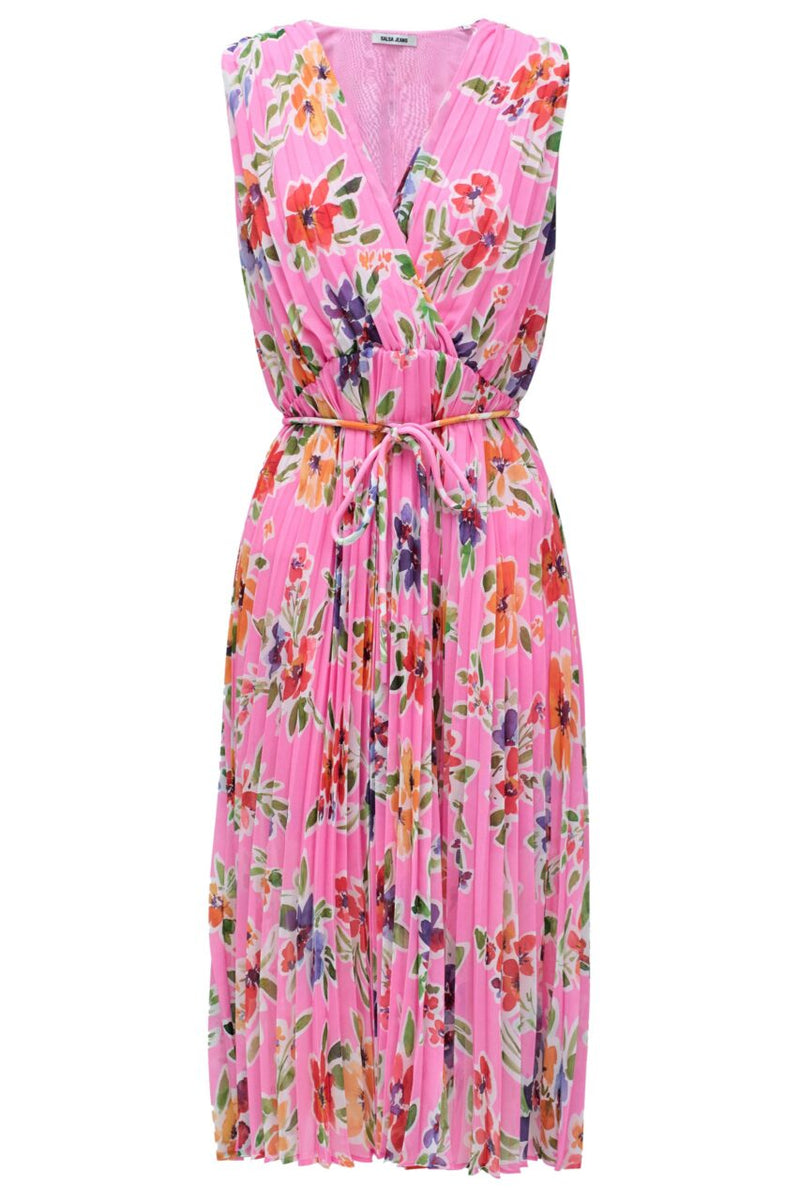 Belted Pleated Print Dress - Bordeaux