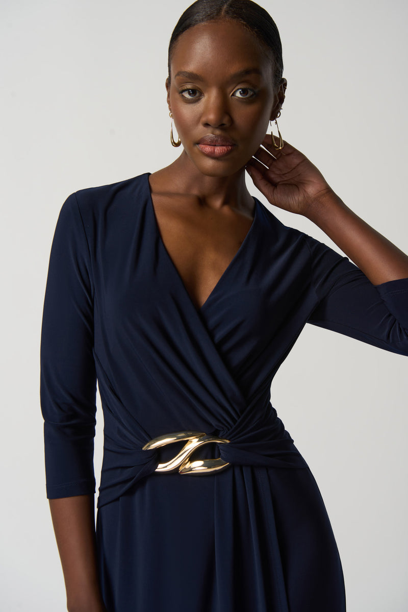 Wrap Front Buckle Dress - Midnight Blue