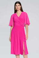 Chiffon Cape Flare Dress - Shocking Pink