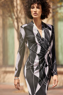 GeoPrint Wrap Front Dress - Black/moonstone