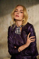 Faux Leather Biker Jacket - Blackcurrant