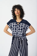Geometric Print VNeck Top - Vanilla/midnight Blue
