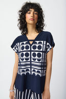Geometric Print VNeck Top - Vanilla/midnight Blue