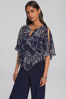 Floral Print Chiffon Poncho - Midnight Blue/vanilla