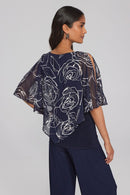 Floral Print Chiffon Poncho - Midnight Blue/vanilla
