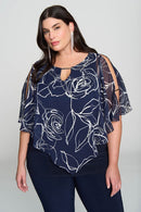 Floral Print Chiffon Poncho - Midnight Blue/vanilla