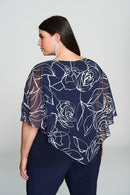 Floral Print Chiffon Poncho - Midnight Blue/vanilla