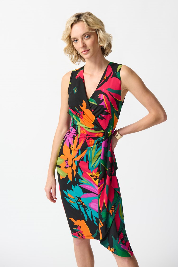 Tropical Print Wrap Dress - Black/multi