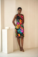 Tropical Print Wrap Dress - Black/multi