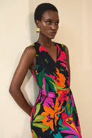 Tropical Print Wrap Dress - Black/multi