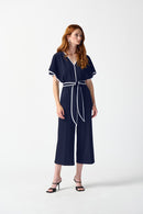 Scuba Crepe Belt Jumpsuit - Midnight Blue/vanilla