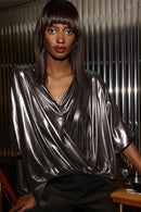 Metallic Foiled Wrap Top - Pewter
