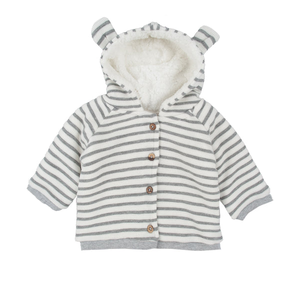 Fleece Lined Stripe Hood Jacket - Grey