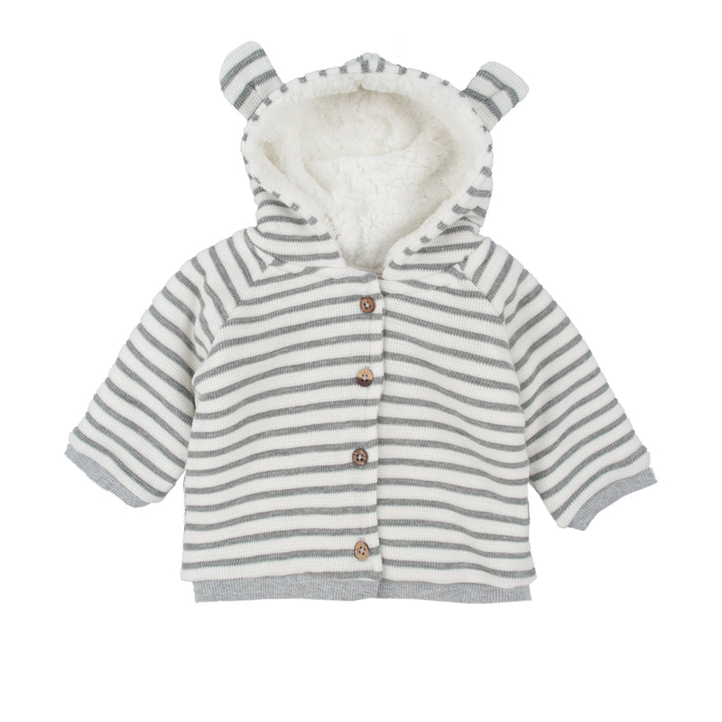 Fleece Lined Stripe Hood Jacket - Grey