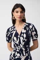 Abstract Print Wrap Dress - Midnight Blue/beige