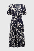 Abstract Print Wrap Dress - Midnight Blue/beige