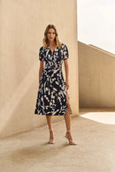 Abstract Print Wrap Dress - Midnight Blue/beige