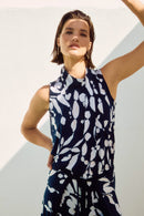 Abstract Sleeveless Top - Midnight Blue/beige
