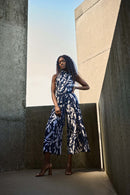 Abstract Sleeveless Top - Midnight Blue/beige