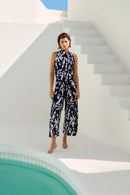 Abstract Wide Leg Trouser - Midnight Blue/beige