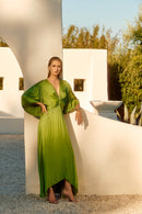 Pleated Satin Midi Dress - Greenery