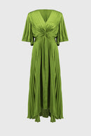 Pleated Satin Midi Dress - Greenery