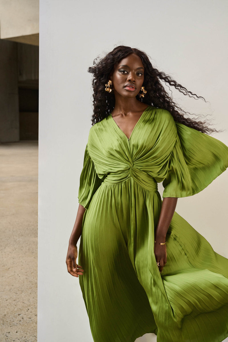 theredthread♡S ribbon dress pleats Pleated Satin Midi Dress - Greenery