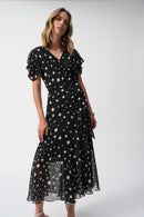 Chiffon Dot Print Wrap Dress - Black/vanilla