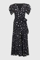 Chiffon Dot Print Wrap Dress - Black/vanilla